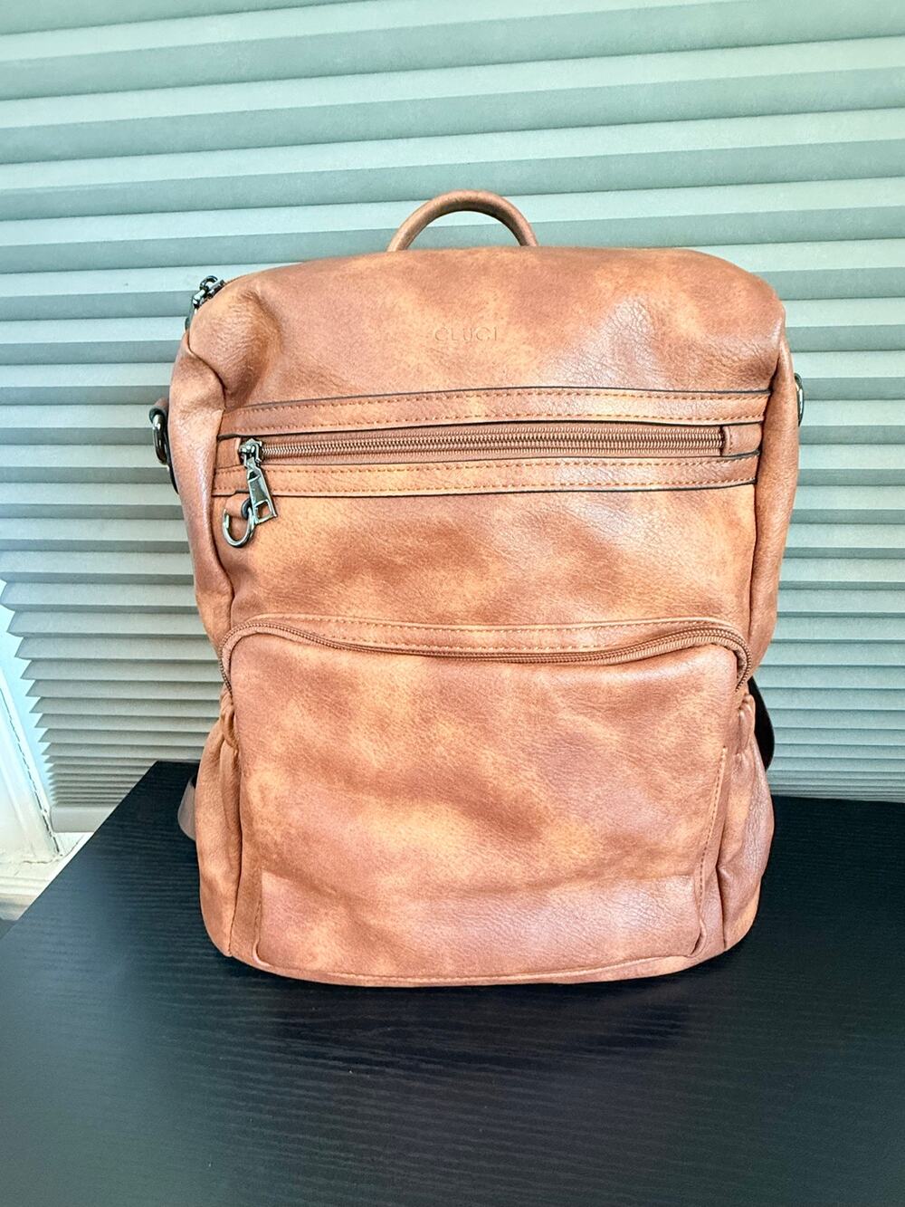 Cluci Brown Faux Leather Backpack Purse Womens Multi Pocket Travel Bag